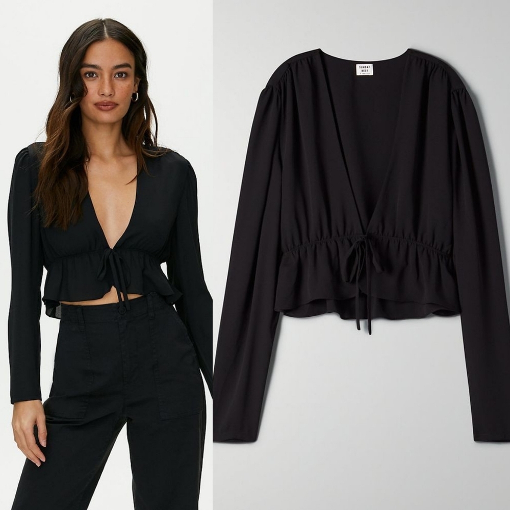 Aritzia Sunday Best New Cropped Tie Front Blouse Black Crepe Size M - Picture 1 of 5